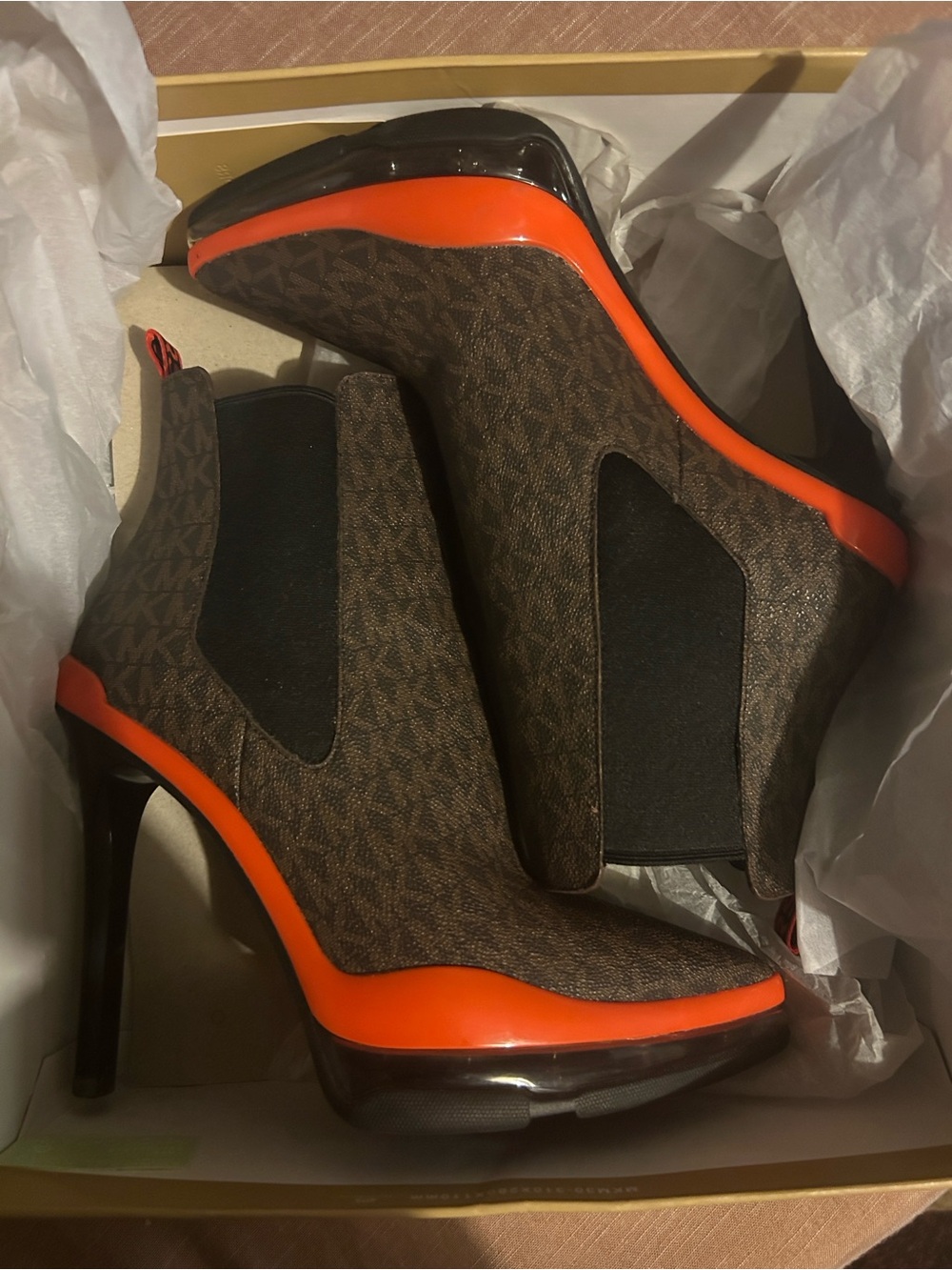 Brown and Orange Women's High-Heel KeKe  Booties